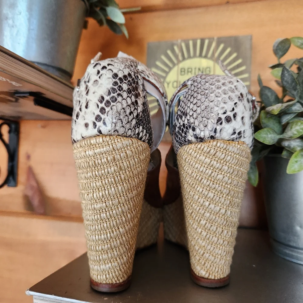 Matt Bernson Leather Platform Wedge Sandals Snake Espadrille Open Toe Heel Sz 6B